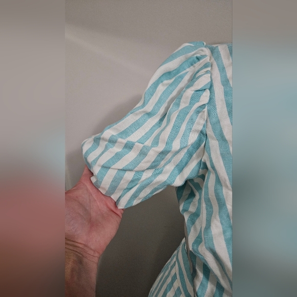 DRAPER JAMES Linen Blend Puff Sleeve Wrap Dress In Blue/white Striped.Size S NWT - Picture 11 of 15